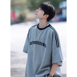 wassup happy三条杠短袖t恤男夏季重磅美式字母上衣服休闲五分袖图片