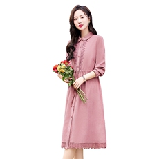 甜美粉色连衣裙女春装2026新款蕾丝花边收腰显瘦文艺气质衬衫裙子，女装连衣裙，倪叶myz