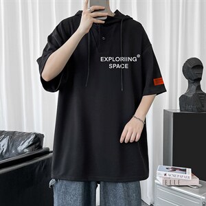 LD54244-P45 NASA连帽短袖t恤男大码胖子带帽五分袖中袖图片