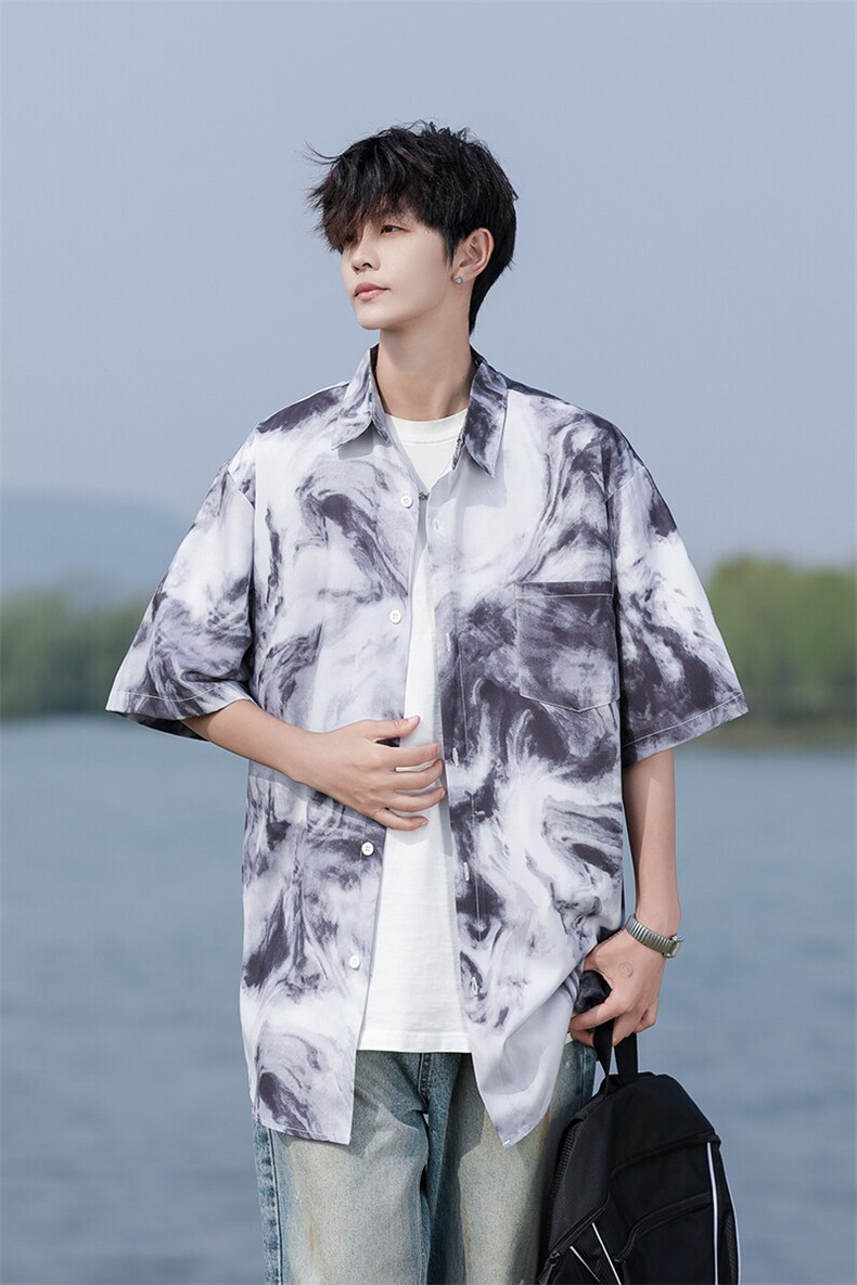 wassuphappy扎染短袖衬衫男夏季薄款潮牌大码衬衣服宽松休闲外套,男装T恤,星座109