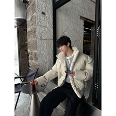 现货5W件冬季三防重磅硬挺boxy短款羽绒立领PU皮棉衣外套加厚棉服，男装棉衣，电商A486-1