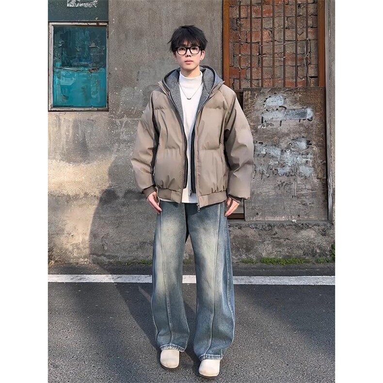 现货高品质重磅工艺美式高街假两件PU皮棉衣男女加厚棉服外套,男装棉衣,电商A486-1