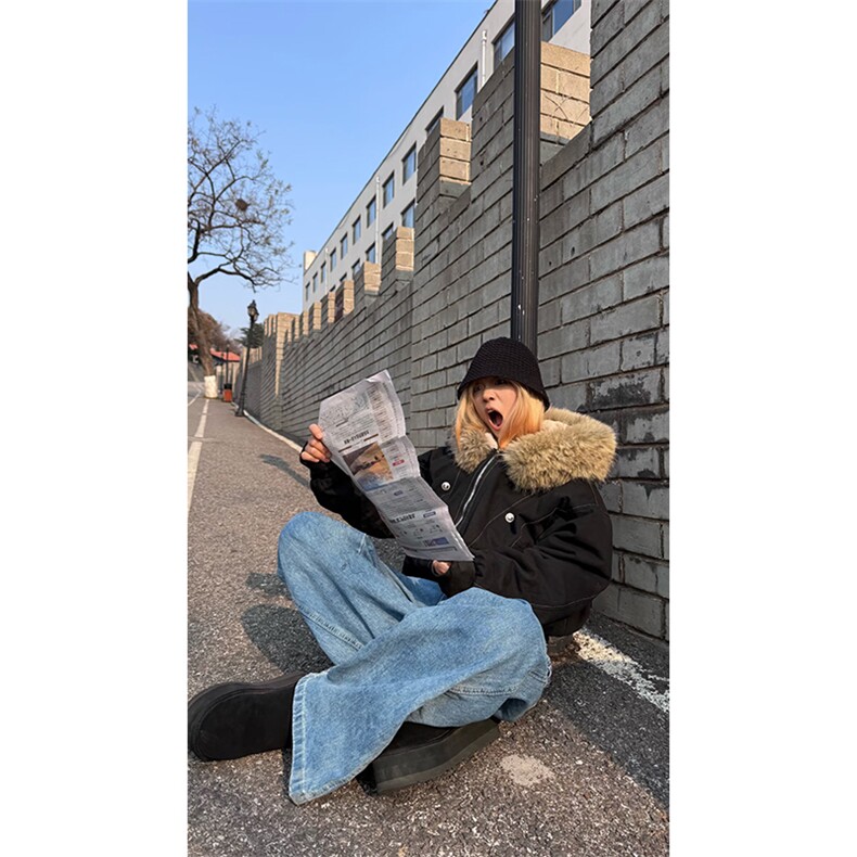 现货重磅boxy短款棉衣座山雕大毛毛领男女棉服水洗工装厚外套,男装棉衣,电商A486-1