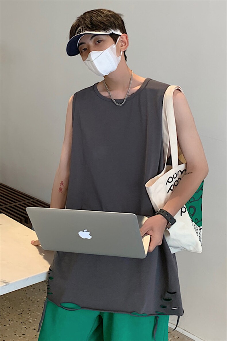 2025夏季马甲日系大码男双纱重磅破洞情侣无袖汗背心T264/P35控55，男装背心/马甲，星座608A