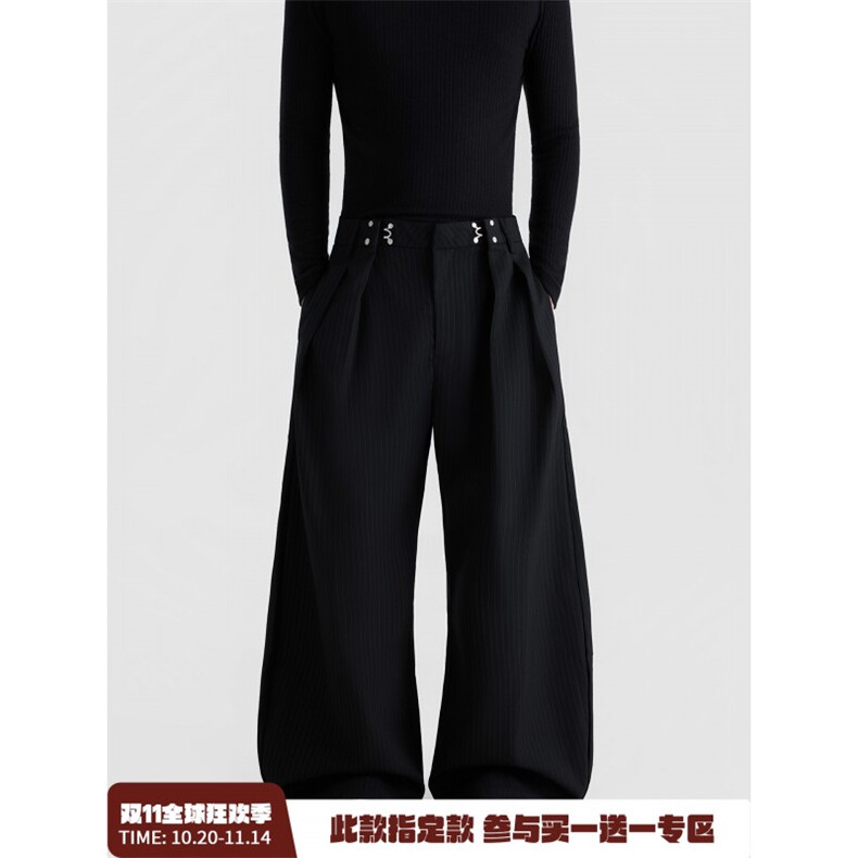 1506/QB0100/P63老钱风通勤a字打褶皱条纹休闲裤直筒垂感阔腿长裤图片