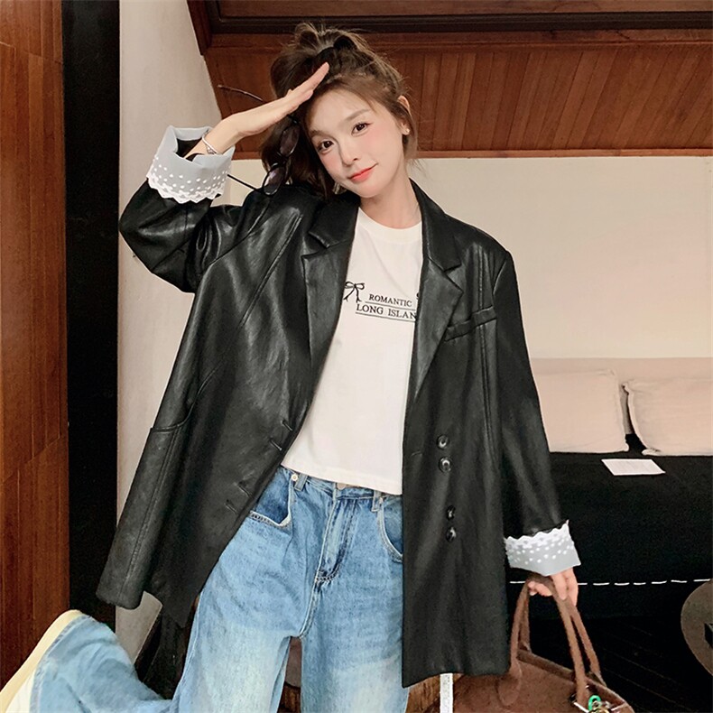 黑色PU皮衣西服外套女2025春秋季新款韩系设计感蕾丝拼接西装上衣,女装皮衣,2C051