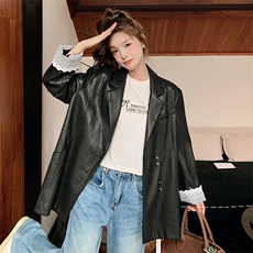 黑色PU皮衣西服外套女2025春秋季新款韩系设计感蕾丝拼接西装上衣，女装皮衣，2C051