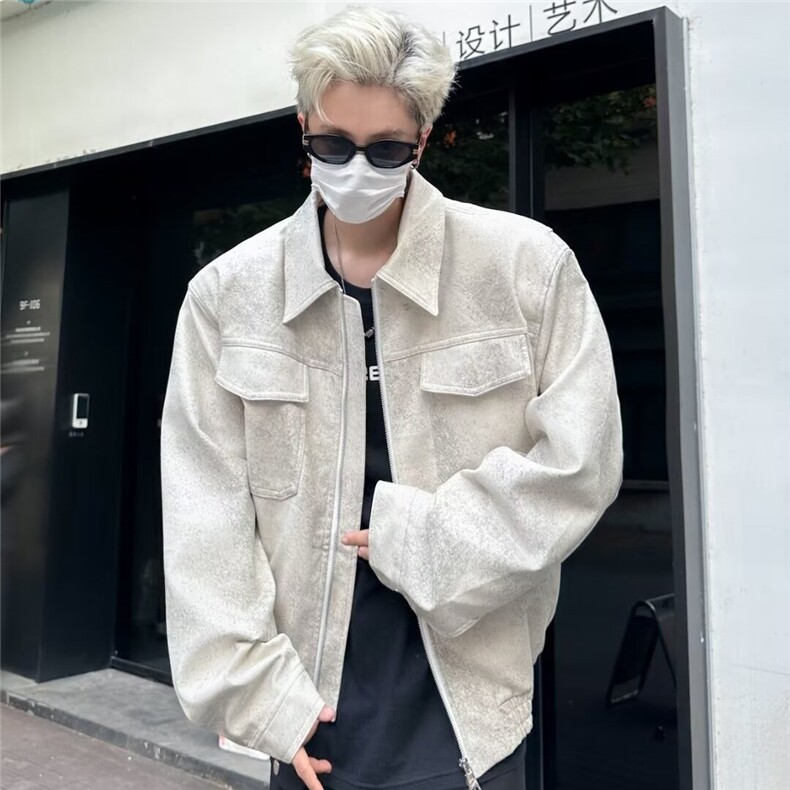 2024高级感翻领机车皮衣外套男宽松垫肩PU皮夹克PY150-P80图片