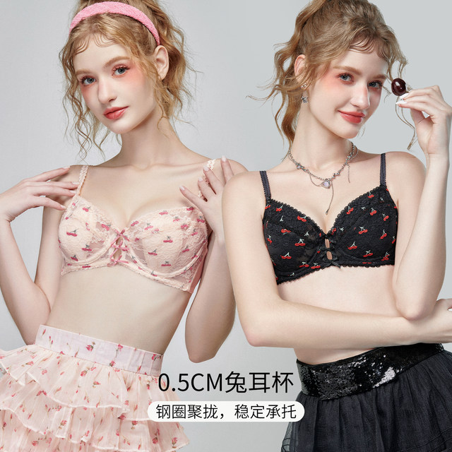 Six Rabbits Little Cherry Underwear ຂອງແມ່ຍິງບາງໆ Sexy Lace ເຕົ້ານົມຂະຫນາດນ້ອຍລວບລວມຊຸດ Bra Sexy ຫວານຂະຫນາດໃຫຍ່