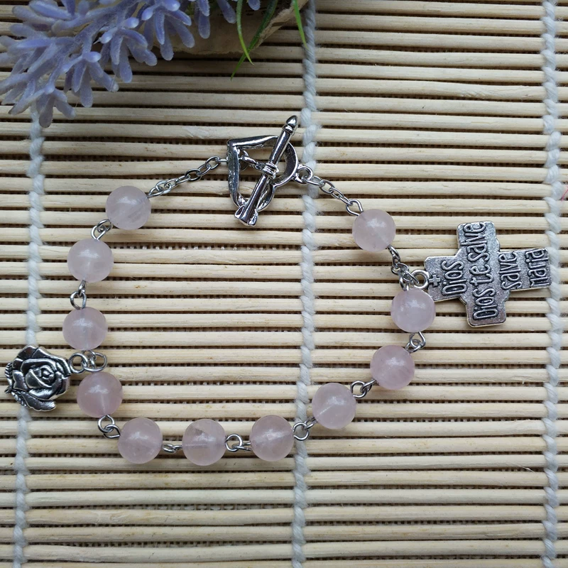 [简约时尚爱心十字架吊坠百搭手链 Rosary beads 水晶粉晶珠]