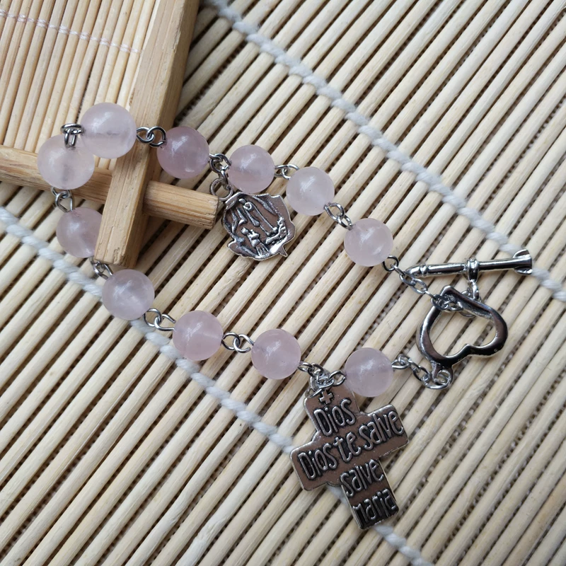 [简约时尚爱心十字架吊坠百搭手链 Rosary beads 水晶粉晶珠]