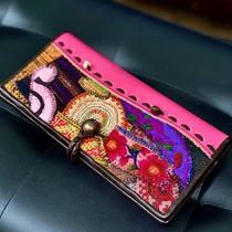 Domestic spot Thai handmade leather old embroidered cloth splicing buckle type bus carmen card bag Baye workshop