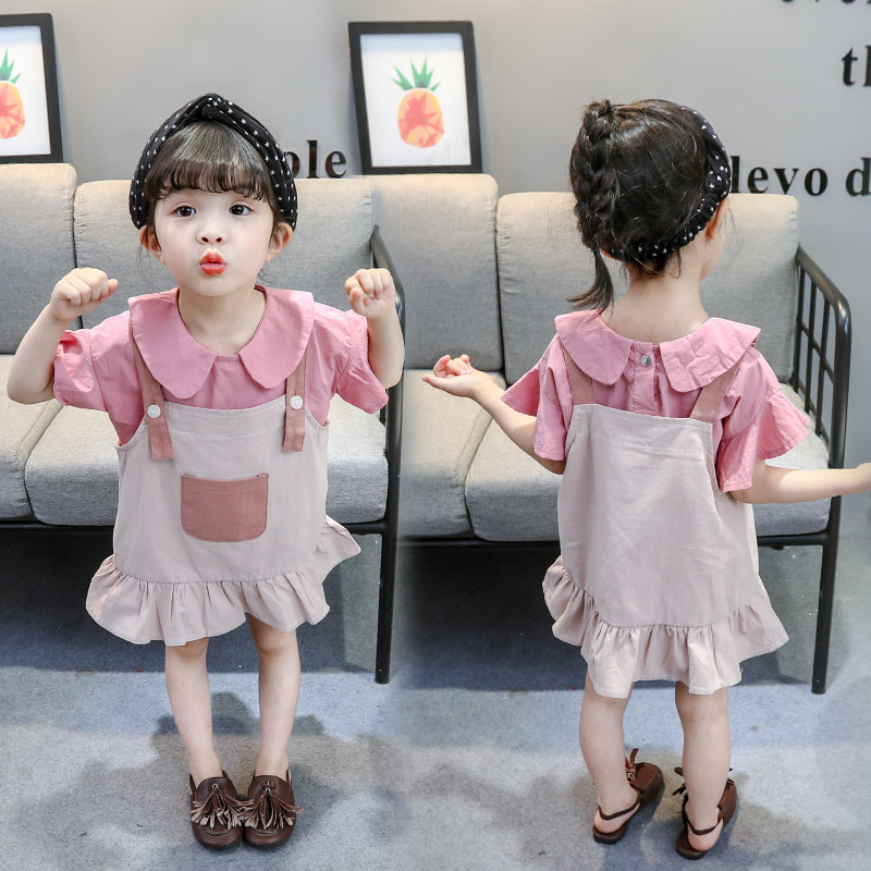 Summer Girls' Suspender Skirt Two-piece Western Style 2020 New Summer Girls' Suit Two-piece Short-sleeved Shirt