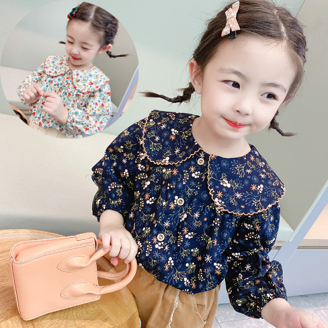 2022 new children's clothing autumn and winter clothing 3-8 years old girls plus velvet floral doll shirt shirt Western style baby clothes spring