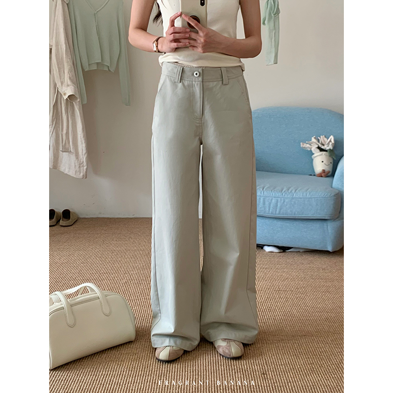 Fragrant Banana 100% Cotton Korean Style Straight Casual Pants Mid-Waist Slimming Long Trousers