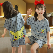 Childrens ice silk dress girl summer short sleeve silk thin in the big girl girls princess air-conditioned home suit