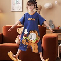 Girls Concord Pajamas Children Summer Thin Cotton Short Sleeve Anti-Kicking Sleeper Girls Large Childs Home Clothes