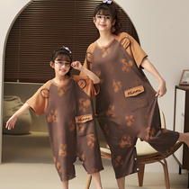 Mother and daughter sleepy skirt summer thin sleeve cotton girl conjunction pajamas girl girl anti-kick kick by home clothes