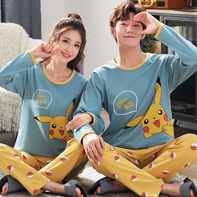 2 sets of price for spring and autumn couple pajamas lady long sleeve cotton cute cartoon pickchu winter men's home suit