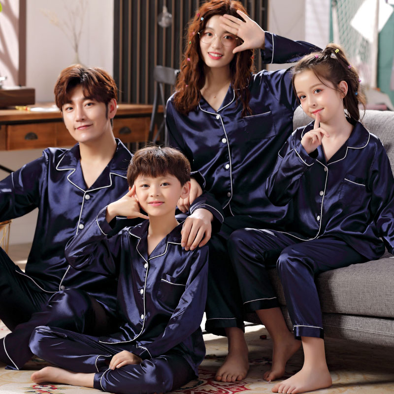 3 sets of price Parent-child sleepwear Spring autumn season family of three-mouthed ice silk thin summer mother woman long sleeve silk home clothes