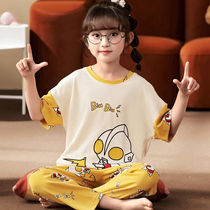 Childrens pajamas summer girl short sleeve trousers pure cotton princess girl in large childs parent-child thin air-conditioned home clothing