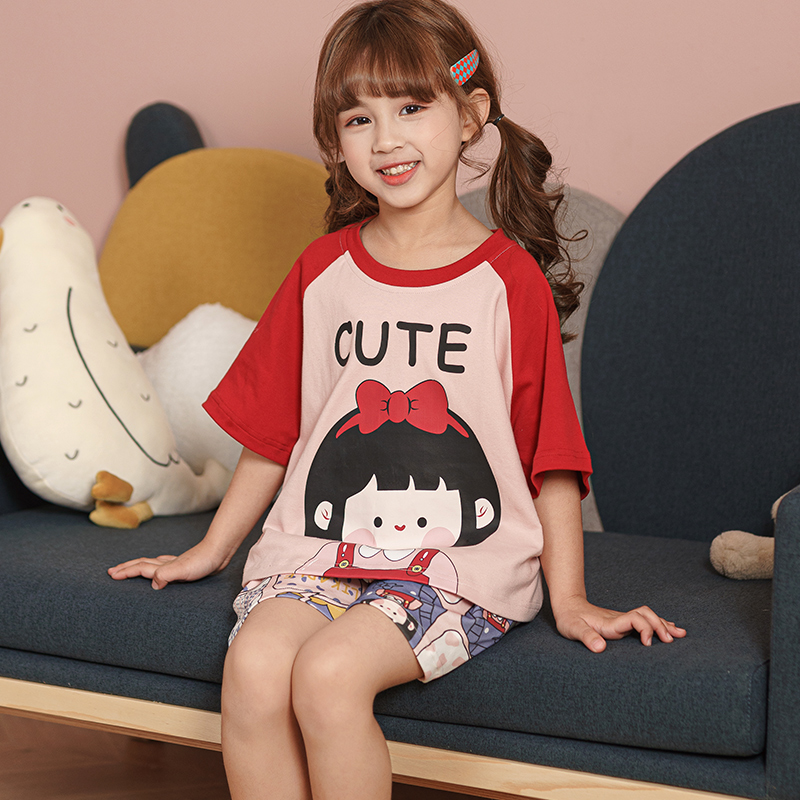 Children's pajamas girls summer thin sleeve cotton girl princess middle child mother and child family suit
