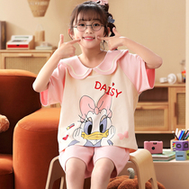 Childrens pajamas girls summer thin cotton short sleeve suit in big girls cute cartoon home dress