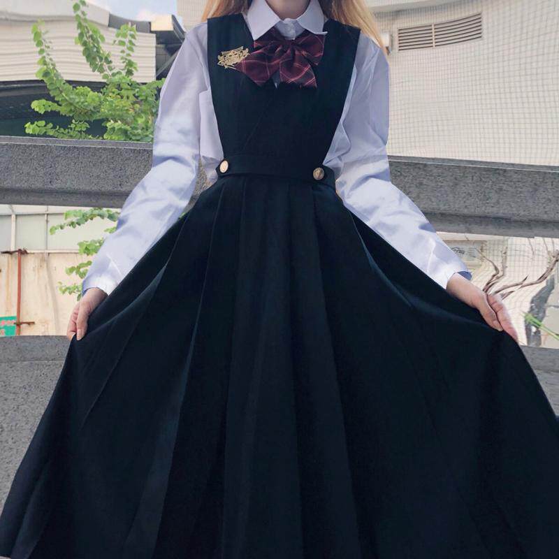 Milk dress pure color jk uniform dress genuine female college female academy wind autumn winter strap dress long autumn suit