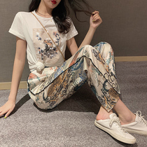 2021 summer dress sequins short sleeve t-shirt womens top print satin hanging loose wide leg pants fashion two-piece set
