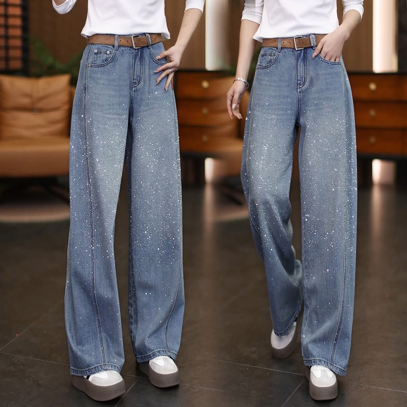 Starry Sky Rhinestone Curved Hem Jeans for Women 2026 Spring New High-End Full Rhinestone Light Blue Casual Wide-Leg Pants