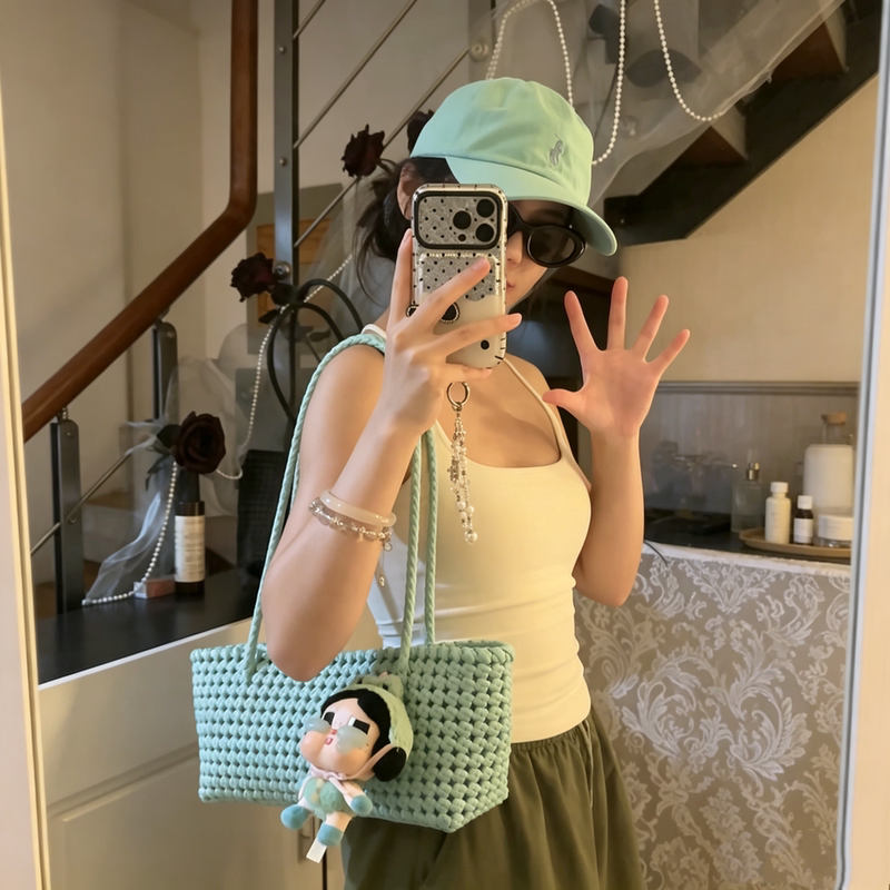Hand-Woven Rattan Bag DIY Material Kit, Rattan Bag with a High-End Feel, Hollow-Out Vegetable Basket Woven Tote Shoulder Bag