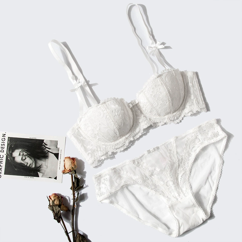 . Áo lót siêu mỏng ren sexy set nửa cúp áo lót mỏng gái thanh lịch kiểu Pháp gom áo lót ngực nhỏ cám dỗ - Bộ đồ lót