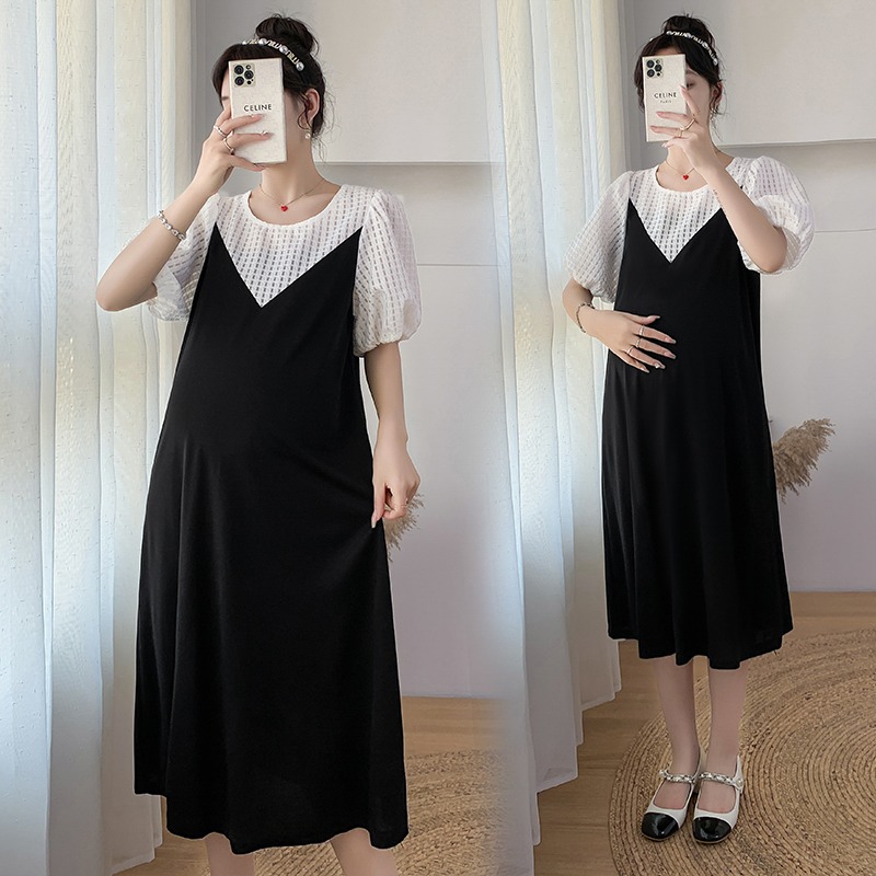 Oversized maternity dress summer chiffon mid-length short-sleeved dress fat MM200 catties cover belly stitching skirt tide