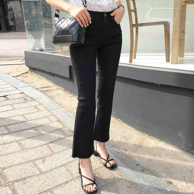 黑色加绒微喇叭牛仔裤女秋冬2021年冬季新款薄绒高腰女士带扣裤子