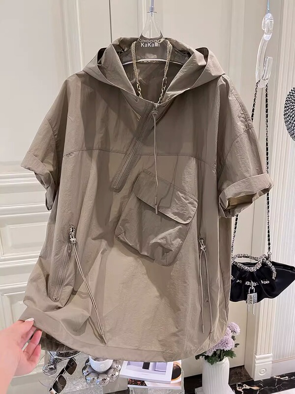 Plus Size 150kg European Style Hooded Short-Sleeve Sun Protection Women's Summer New Design Irregular T-Shirt Top