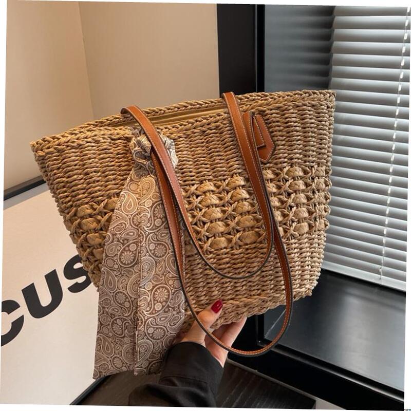 Japanese Genuine Large-Capacity Straw Bag Women's Trendy Summer Versatile Woven Shoulder Tote Bag Seaside Vacation Beach Bag