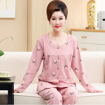 Bộ đồ ngủ mùa xuân và mùa thu phụ nữ cotton dài tay áo nịt trung niên và người già không cổ áo phụ nữ mùa thu mẹ trung niên 50-70 tuổi - Pyjama