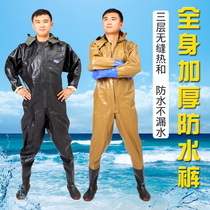 Thickened fishing fishing thickened full body wader wading waterproof and anti-electric pants Digging lotus root clothing with gloves One-piece raincoat shoes
