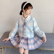 Kids JK Uniform Girls Spring Autumn Genuine Set Elementary School Uniform Sweater Coat Skirt College Style Three Piece Set