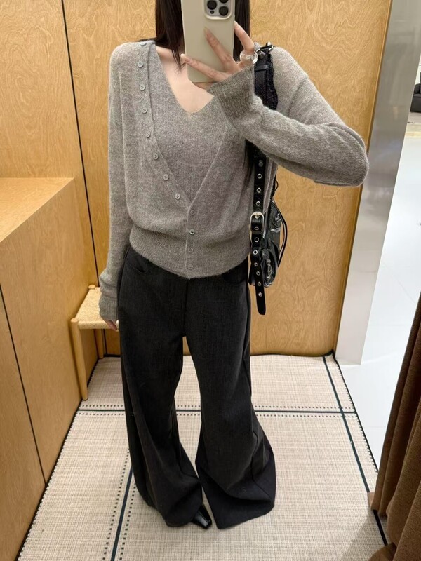 Ready to Ship! [Light Gray] Alpaca Wool + Sheep Wool Blend Loose Cardigan Jacket V-Neck Knit Camisole Set