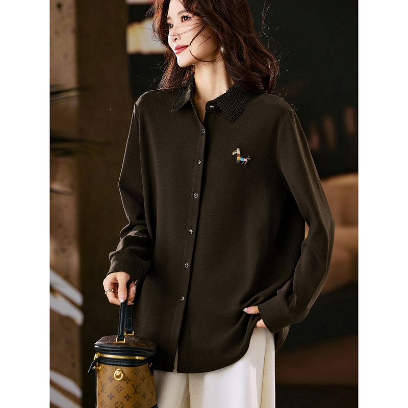 Sumu Fashion Lace Patchwork Fleece-Lined Shirt for Women, Winter 2025 New Large Size European Style Loose Top