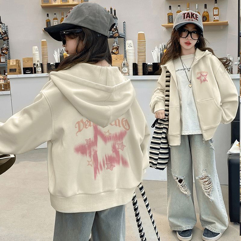 Middle and Large-Sized Girls' Fleece-Lined Hooded Sweatshirt for Autumn and Winter, Cartoon Print Loose Zipper Cardigan, Pure Cotton Jacket