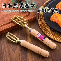 Japan imports brass fish scale planing wood handle descaler brush scraping fish scales manually brushed fish shaved fish scale tool