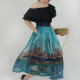 Wenya Oil Painting Iris Umbrella Skirt High Waist Puff Skirt Women's Retro Skirt Mid-Length Skirt Elegant Pockets