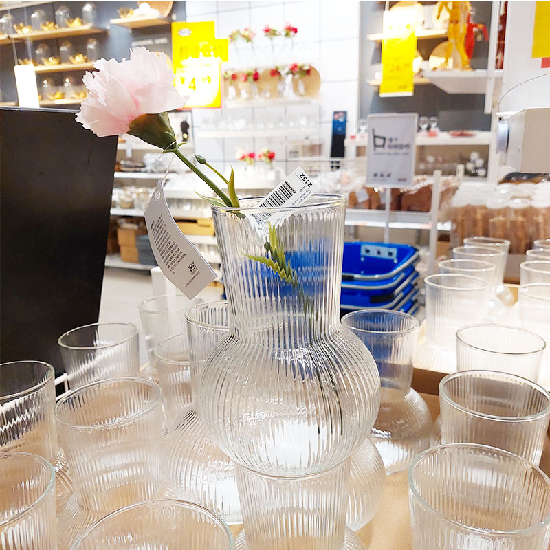 Authentic Ikea Pudrag Nordic ins Style Light Retro Transparent Corrugated Glass Flower Arrangement Water Bottle Vase