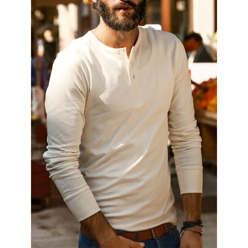 Amei Kaji Retro Heavyweight Pure Cotton Seamless Non-See-Through Henley Collar Long-Sleeve Men's T-Shirt Base Layer Shirt