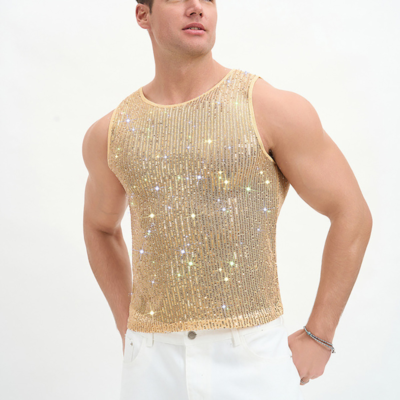 Men's Vertical Stripe Rhinestone Sequin Mesh Vest, High-Elastic Slim-Fit See-Through Sleeveless Round-Neck Short Top for Nightclub Party