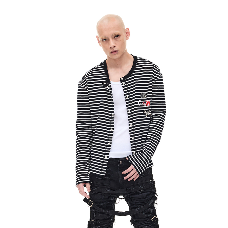 Whistlehunter (Wstht) Whistle Hunter Four-Button Striped Slim Couple Long-Sleeve Knit Cardigan