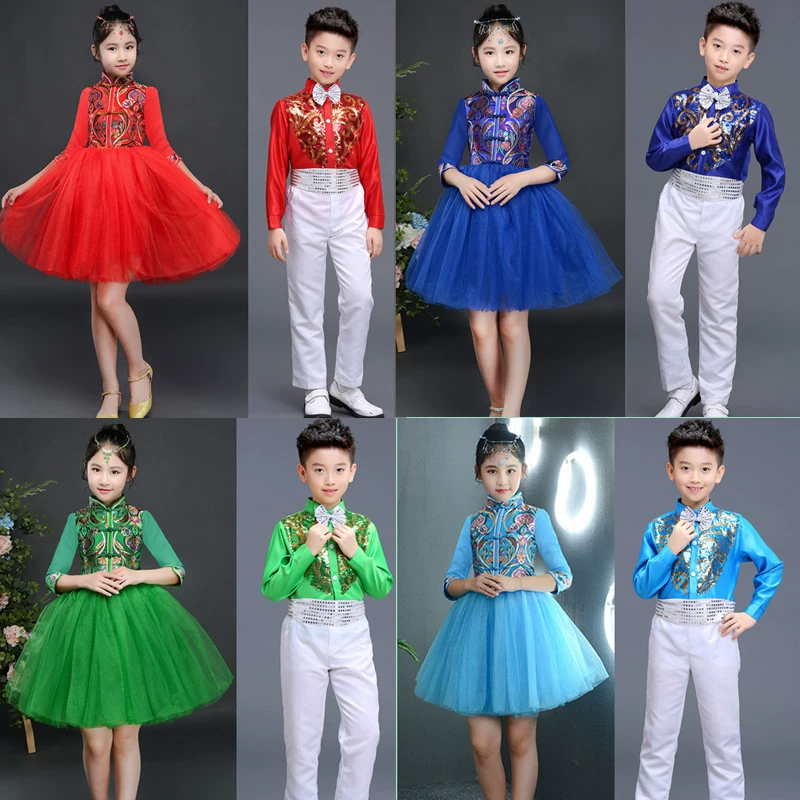 Trang phục trẻ em mới cô gái ăn mặc công chúa kiểu Trung Quốc dài tay bé trai ăn mặc đính sequin hợp xướng Guzheng ngâm thơ - Trang phục