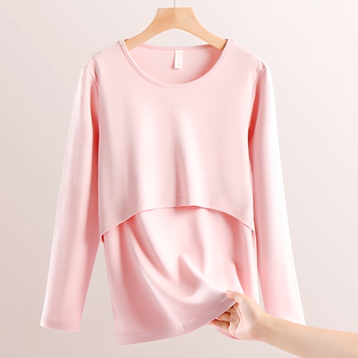 Breastfeeding Top Tops Pure Cotton Maternity Thermal Underwear Autumn and Winter Nursing Pajamas Confinement Clothing Bottoming Shirt with Chest Pad — 3